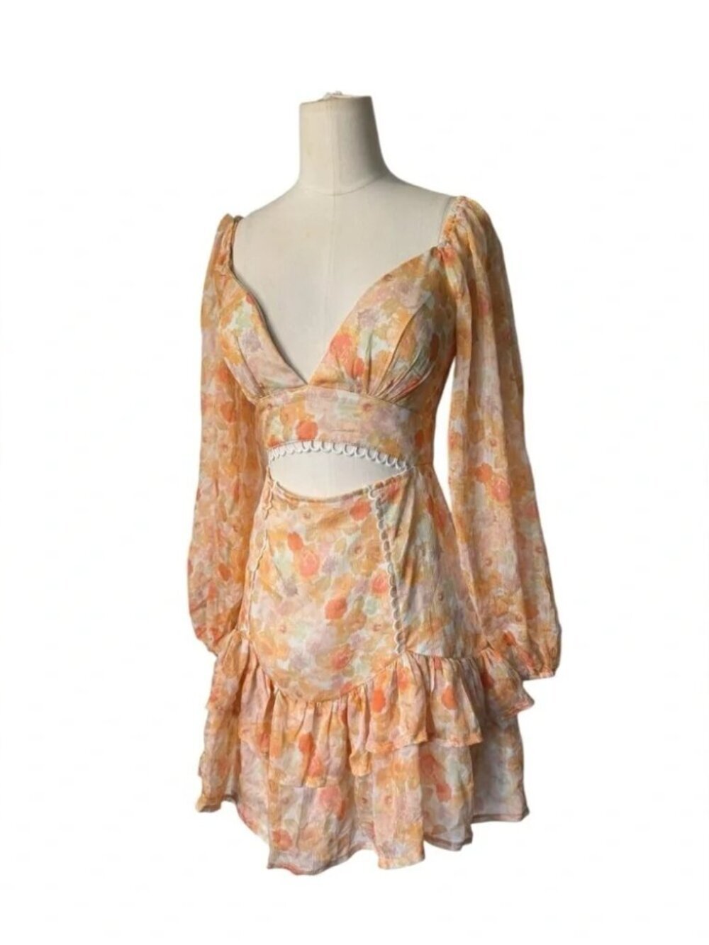 Saints + Secrets Floral Cut-Out Mini Dress Size Small | Puff Sleeve Ruffle Dress - Picture 7 of 8